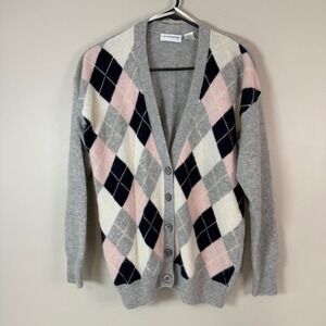 VTG Liz Claiborne Womens SM Lambswool Argyle Cardigan Feminine Gray Pink Preppy